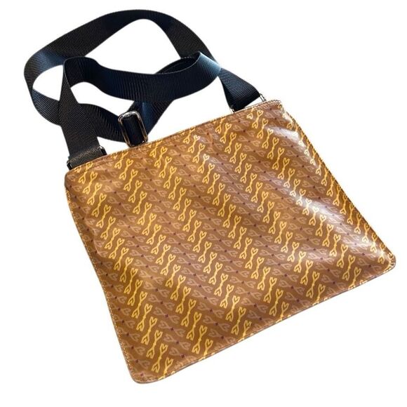 Michele & Yvett Oil Cloth Crossbody Bag Medium Size Orange‎ Tan Gold Tones - Picture 3 of 8